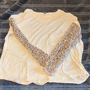 Free People Cream Long Sleeve Top with Sequin Sleeves
